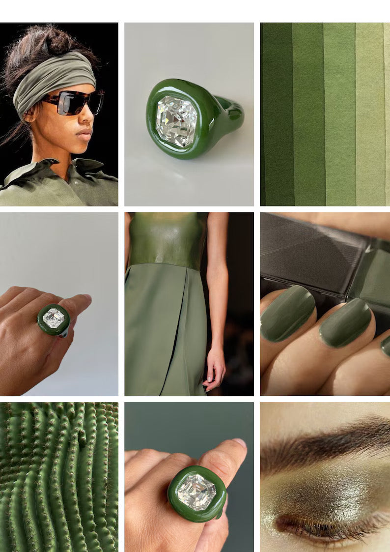 Khaki green pilymer ring with 14mm square Swarovski crystal