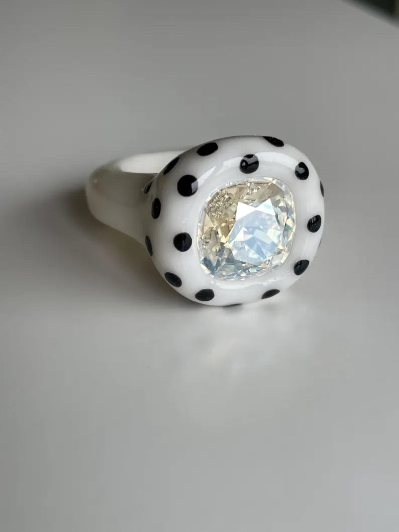 Polka dot hand painted polymer clay ring 12mm crystal