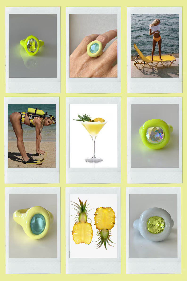 Neon yellow polymer ring with clear oval crystal 14mm