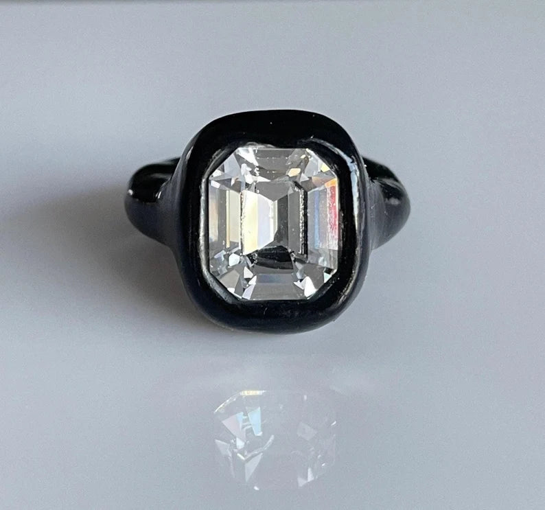 Black polymer ring with clear octagon 14mm Swarovski crystal