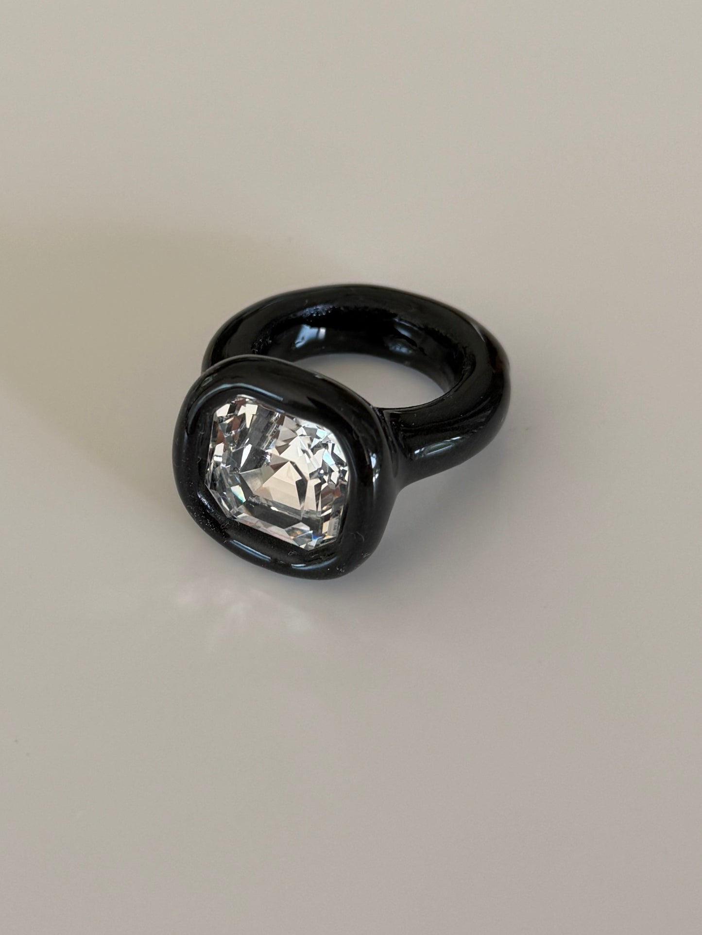 Black classy 14mm clear square Swarovski crystal polymer ring