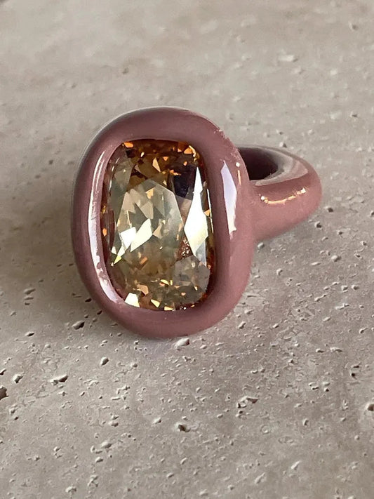 Beige brown caramel color polymer ring with sparkling 18mm elongated cushion champagne crystal
