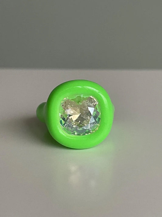 Neon lime green polymer ring with diamond sparkle Swarovski 12mm crystal