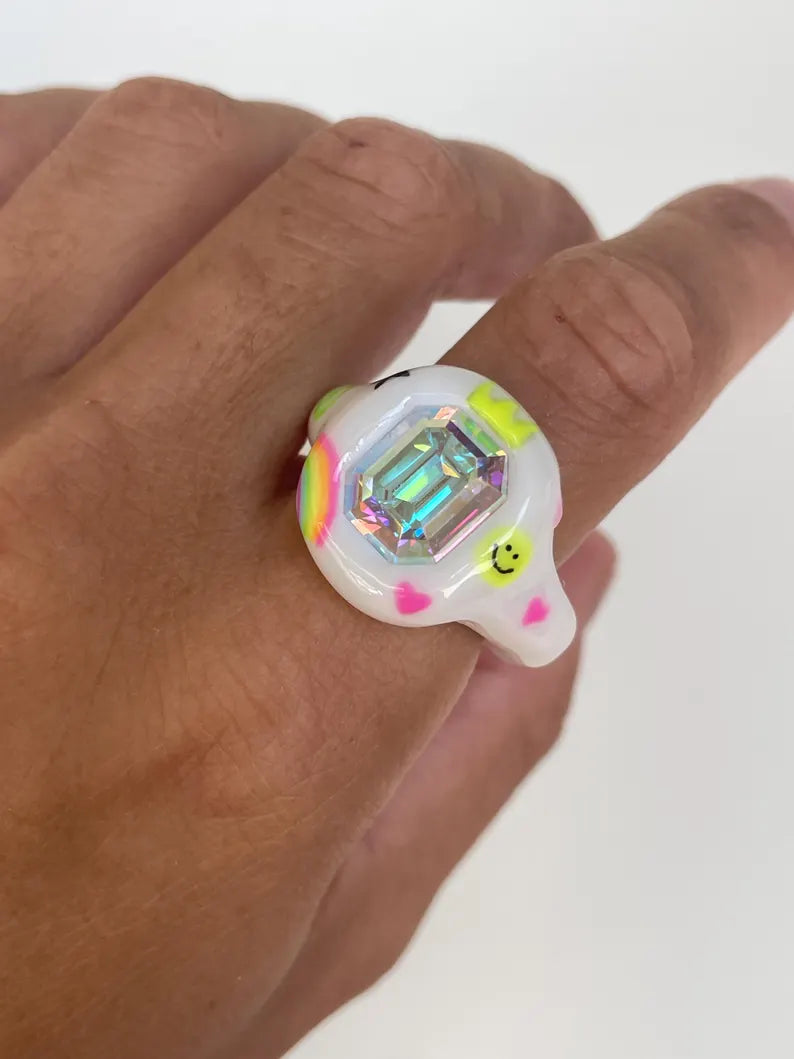 Street art smiley hand painted polymer ring