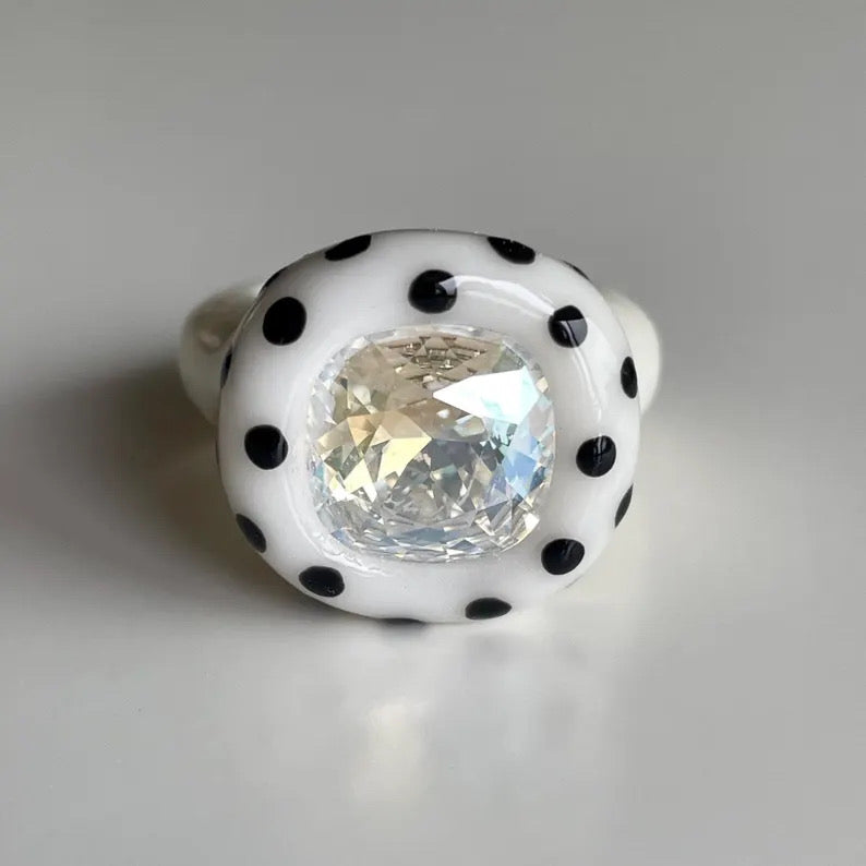 Polka dot hand painted polymer clay ring 12mm crystal