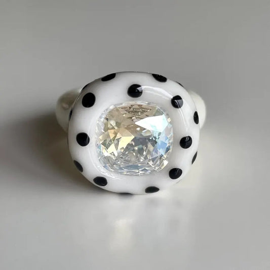 Polka dot hand painted polymer clay ring 12mm crystal