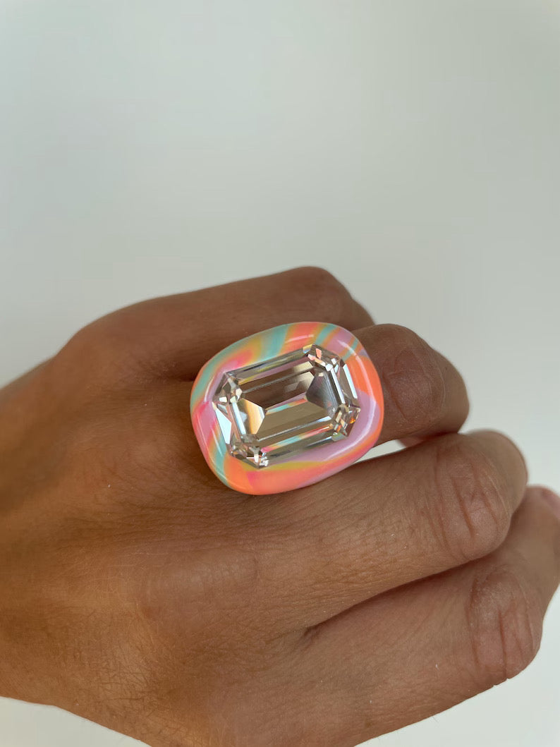 Rainbow color mix polymer clay ring with 18mm crystal