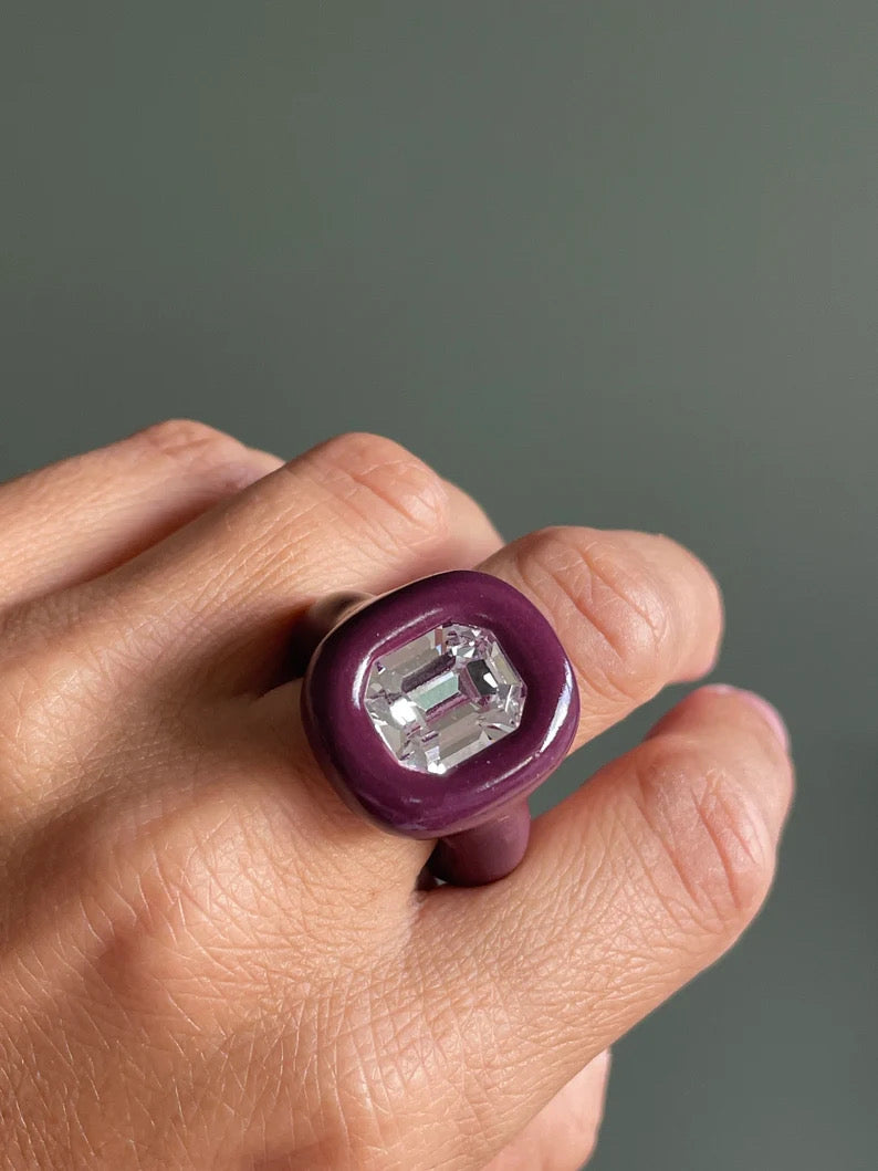 Burgundy grape color polymer ring with 12mm Swarovski