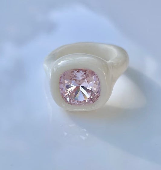 White polymer ring with 10mm soft pink crystal Swarovski