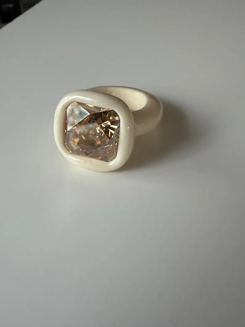 Ivory milk color polymer ring with 14mm square Swarovski in golden  diamond luster