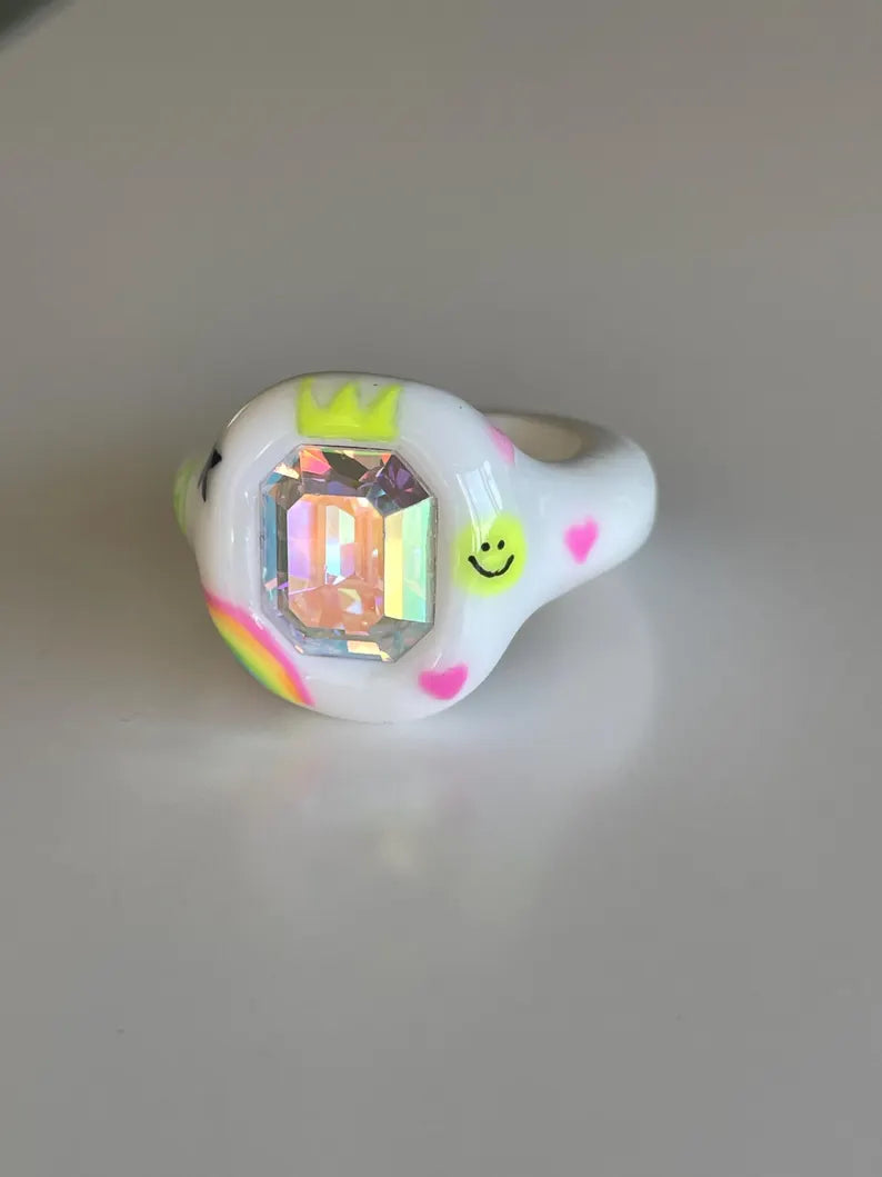 Street art smiley hand painted polymer ring