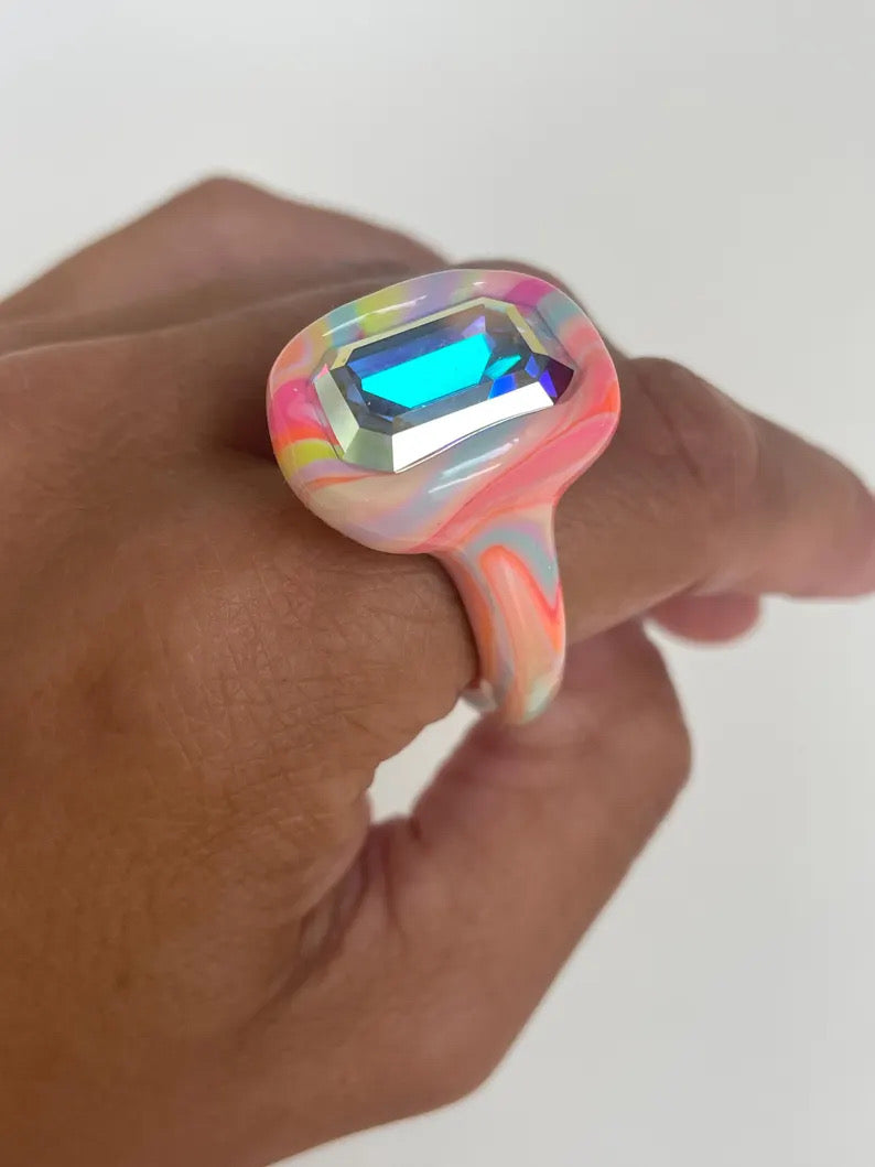 Rainbow pastel and neon mix polymer clay ring with 18mm opalescent crystal