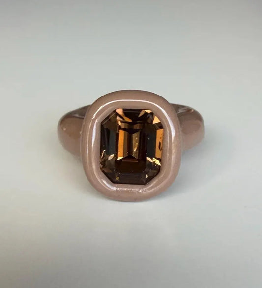 Coffee brown polymer clay ring with cognac topaz octagon crystal 14mm
