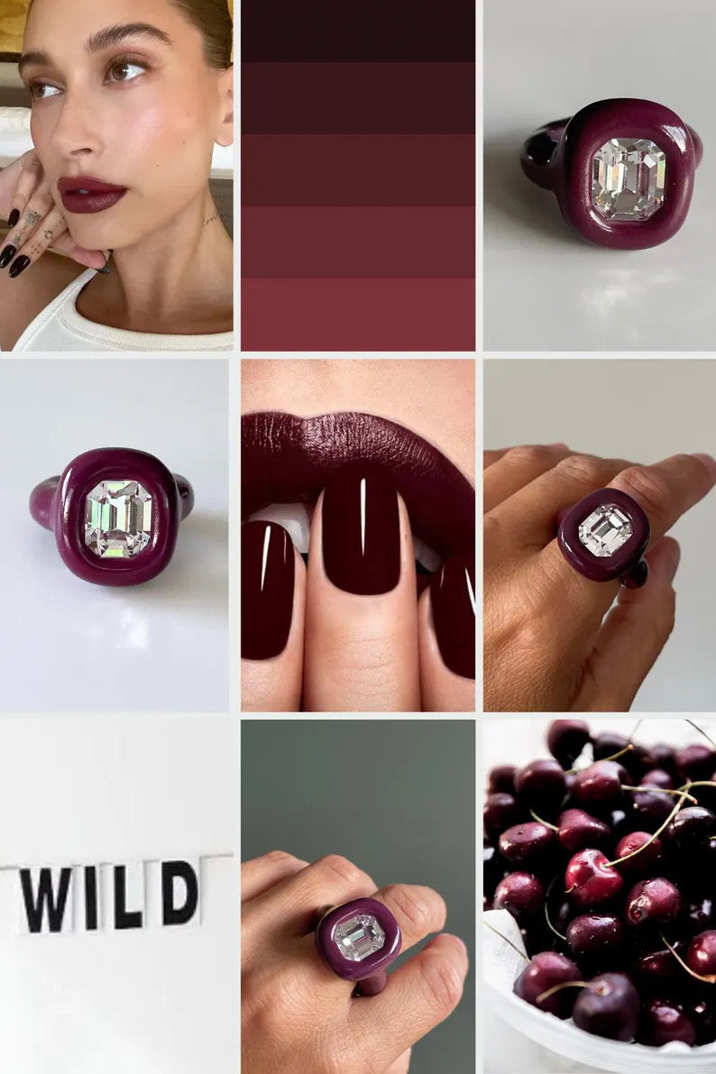 Burgundy grape color polymer ring with 12mm Swarovski