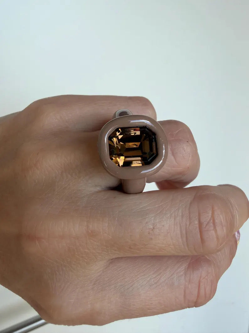 Coffee brown polymer clay ring with cognac topaz octagon crystal 14mm
