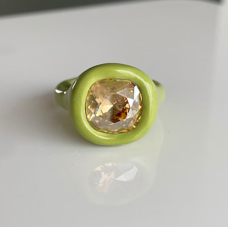 Matcha green polymer ring with golden shine 12 cushion cut Swarovski crystal
