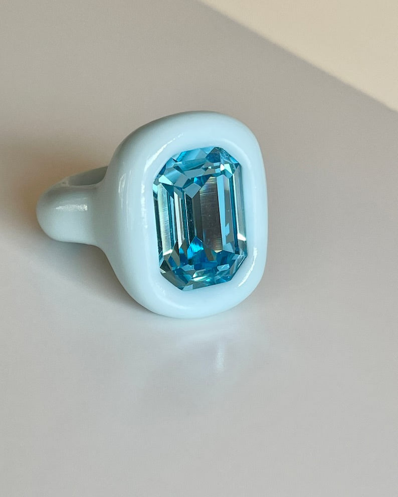 Baby blue big octagon ring blue crystal 18mm