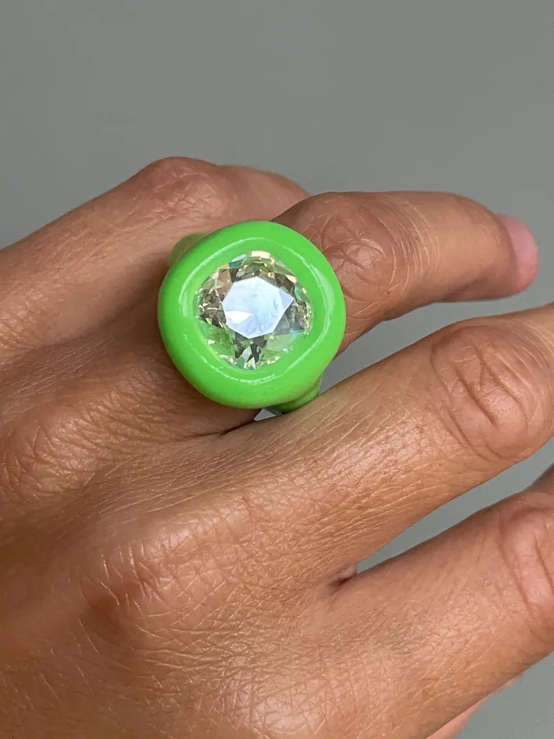 Neon lime green polymer ring with diamond sparkle Swarovski 12mm crystal