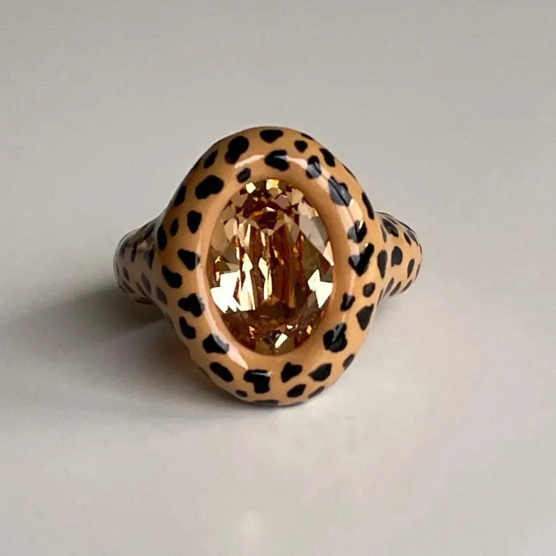 Statement Leopard  Print Medium Oval Smoked Topaz Polymer Ring