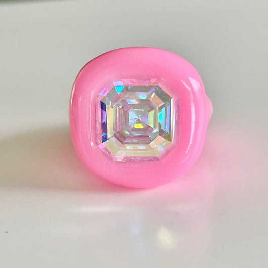 Bubble gum pink polymer ring with 14mm opalescent crystal