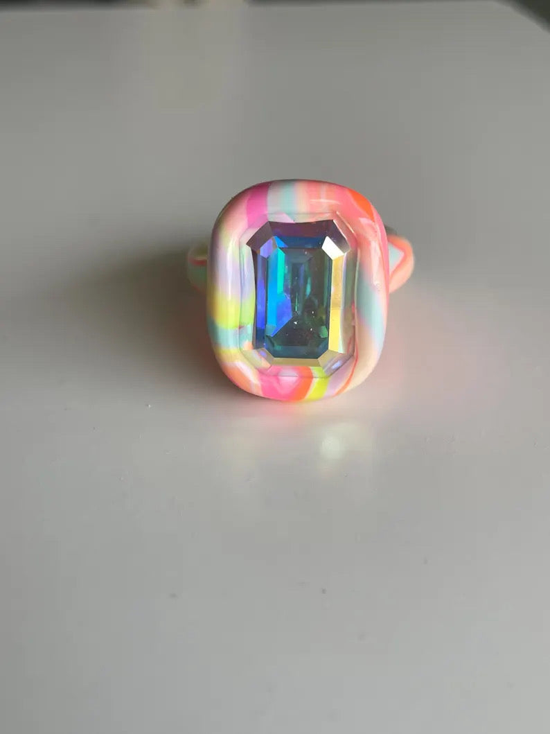 Rainbow pastel and neon mix polymer clay ring with 18mm opalescent crystal