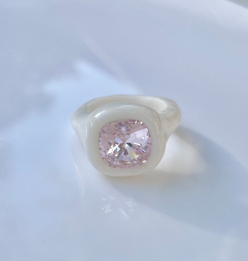 White polymer ring with 10mm soft pink crystal Swarovski