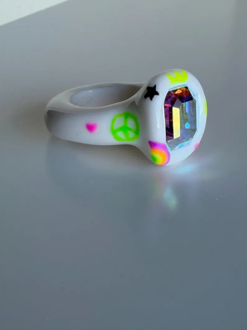 Street art smiley hand painted polymer ring