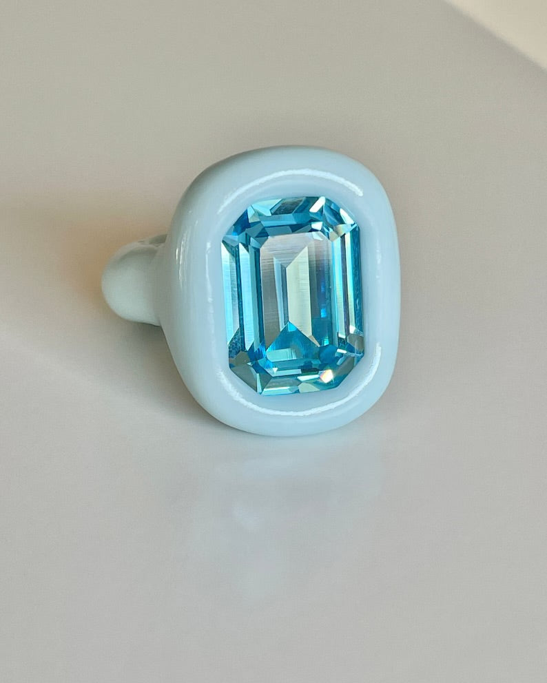 Baby blue big octagon ring blue crystal 18mm
