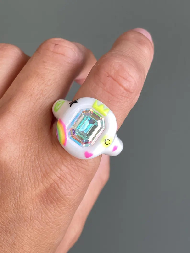 Street art smiley hand painted polymer ring