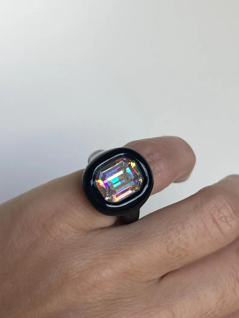 Black polymer ring with octagon 14mm Opalescent Crystal