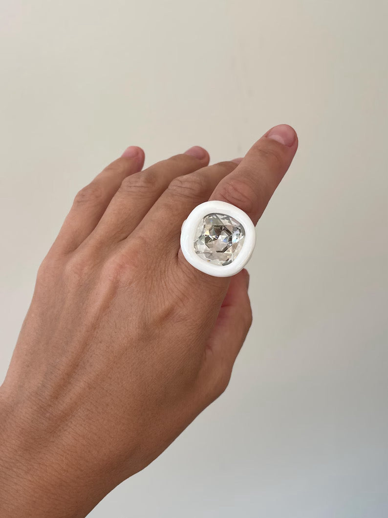 White polymer ring with big 18mm silver luster diamond crystal