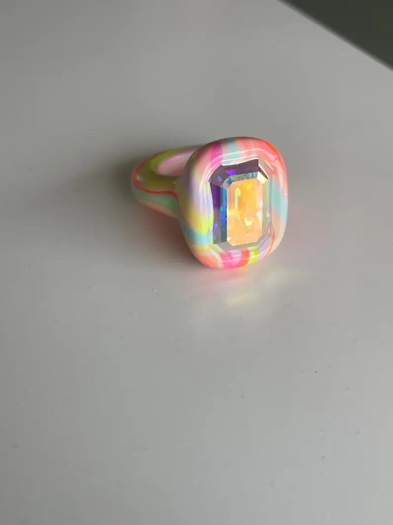 Rainbow pastel and neon mix polymer clay ring with 18mm opalescent crystal