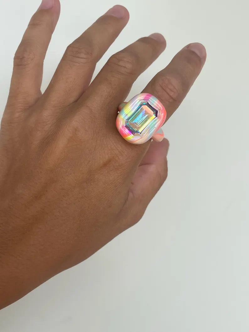 Rainbow pastel and neon mix polymer clay ring with 18mm opalescent crystal