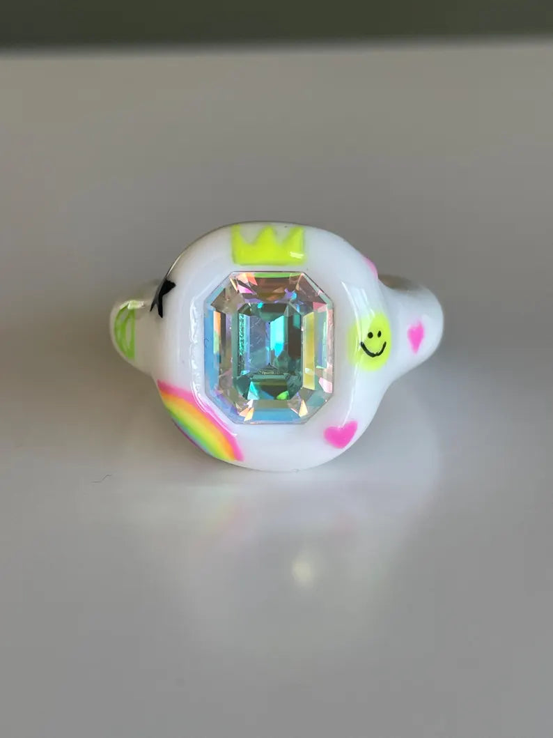 Street art smiley hand painted polymer ring