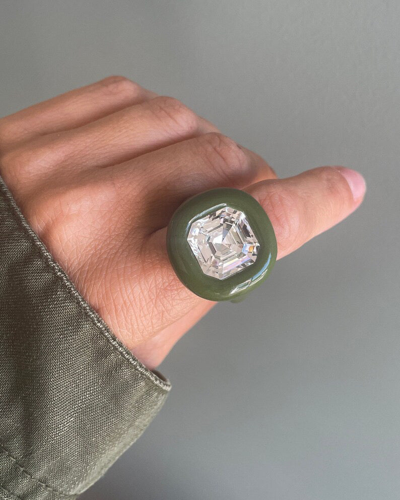 Khaki green pilymer ring with 14mm square Swarovski crystal