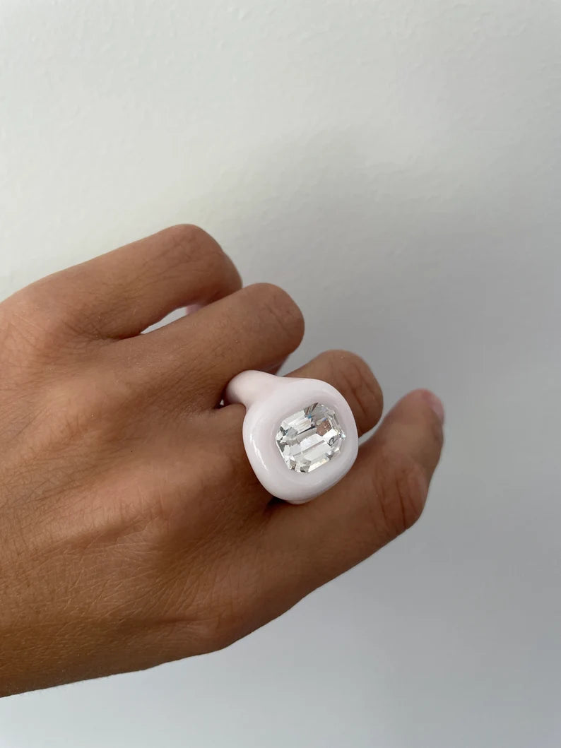 White classy octagon clear crystal polymer clay ring