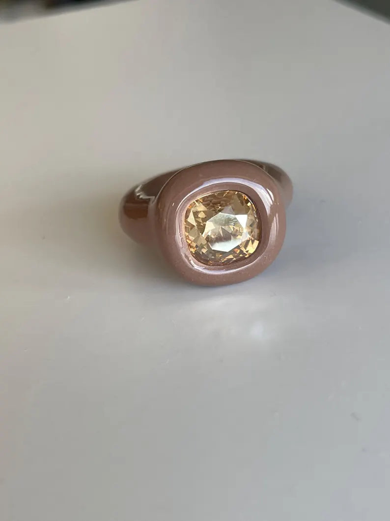 Light brown beige ring with small champagne diamond crystal Swarovski