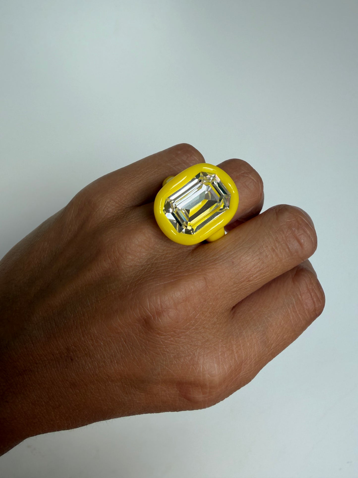 Lemon Yellow polymer ring with big 18mm octagon Swarovski