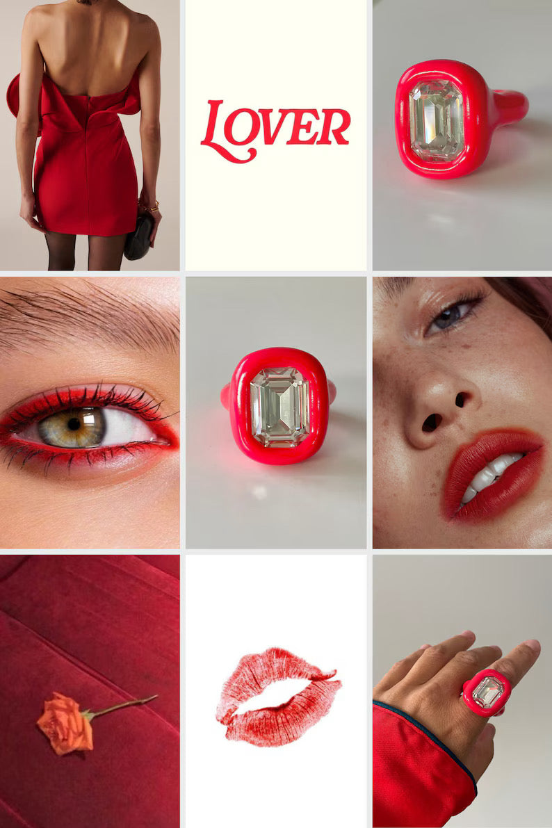 Red polymer clay ring with 14 mm square crystal