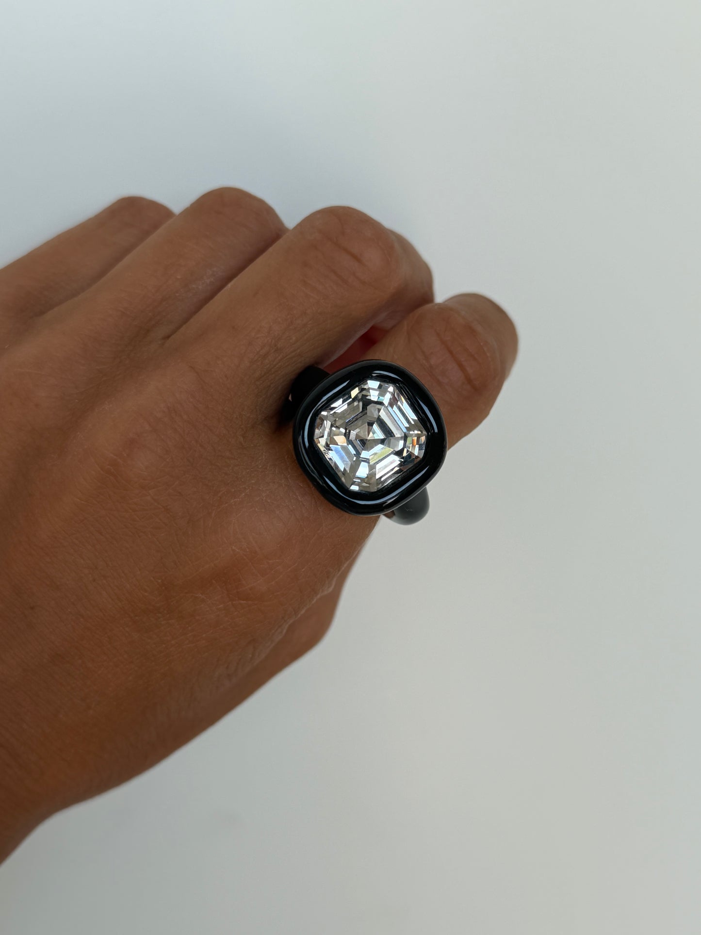 Black classy 14mm clear square Swarovski crystal polymer ring