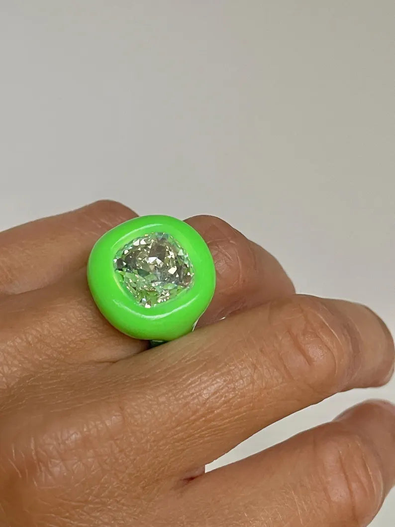 Neon lime green polymer ring with diamond sparkle Swarovski 12mm crystal