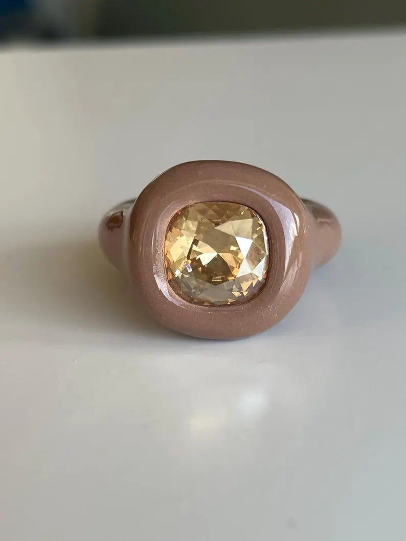 Light brown beige ring with small champagne diamond crystal Swarovski