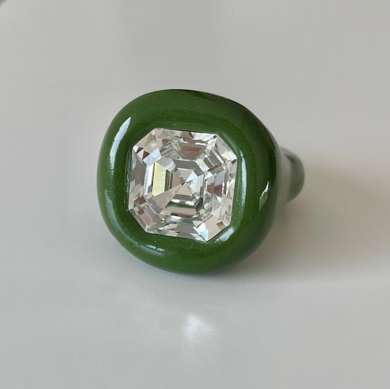 Khaki green pilymer ring with 14mm square Swarovski crystal