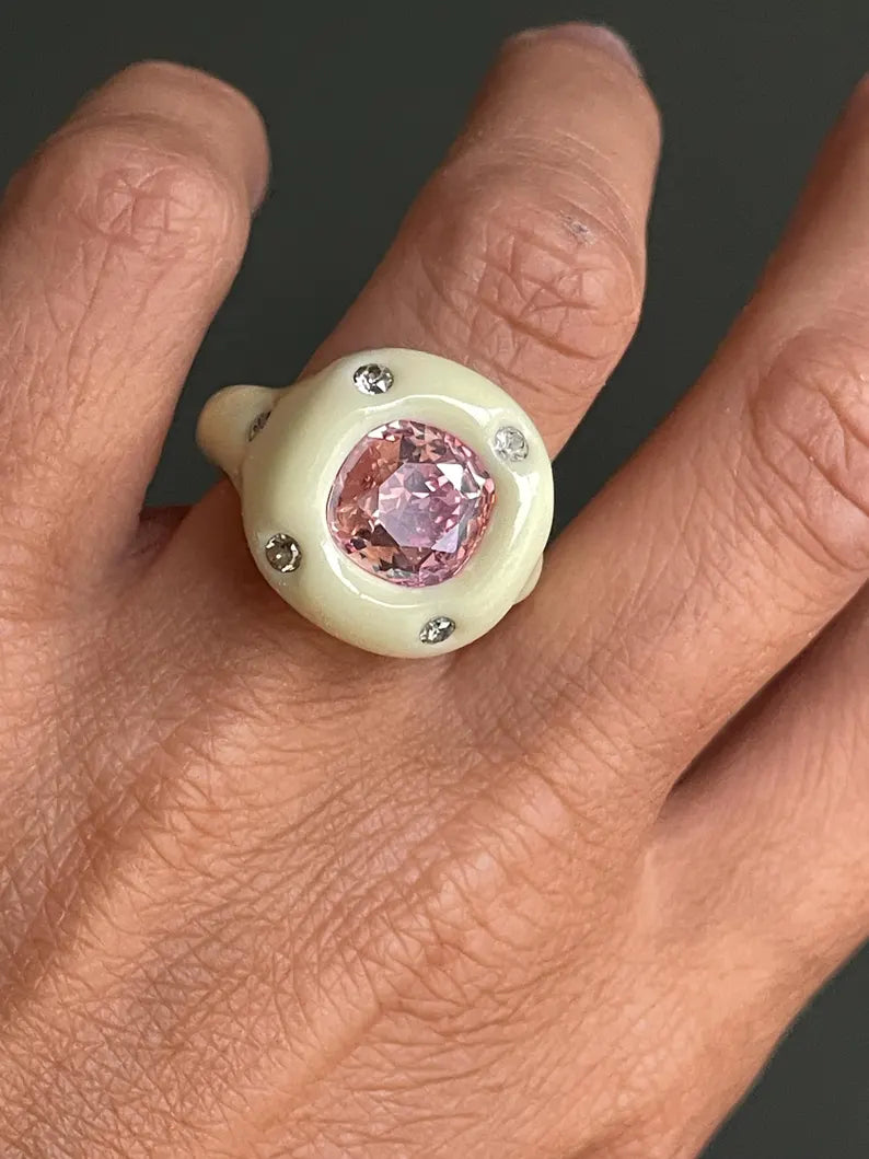 Pastel yellow polymer clay ring with peach color crystal Swarovski