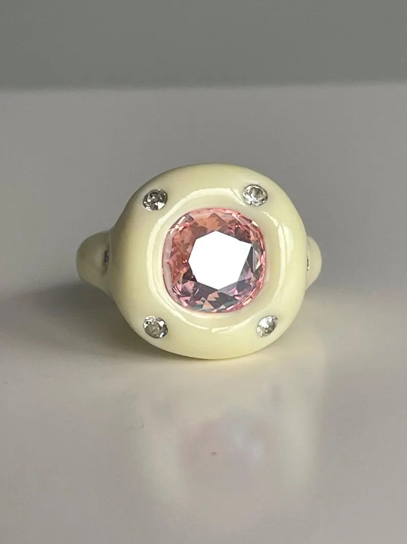 Pastel yellow polymer clay ring with peach color crystal Swarovski