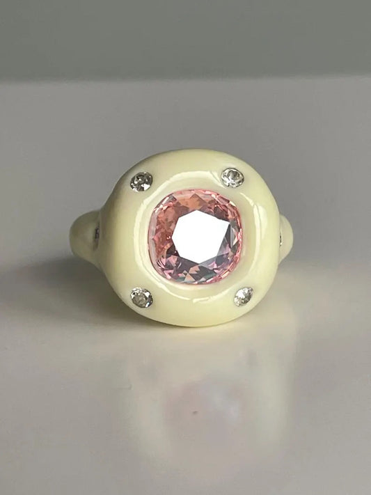 Pastel yellow polymer clay ring with peach color crystal Swarovski