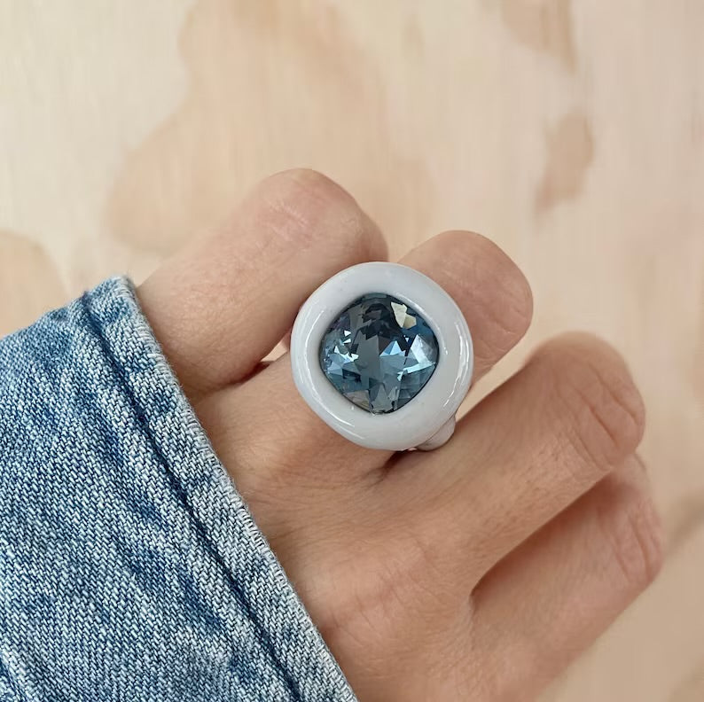 Gray polymer ring with Denim Blue crystal