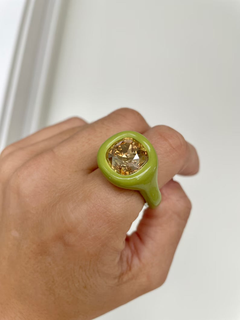 Matcha green polymer ring with golden shine 12 cushion cut Swarovski crystal