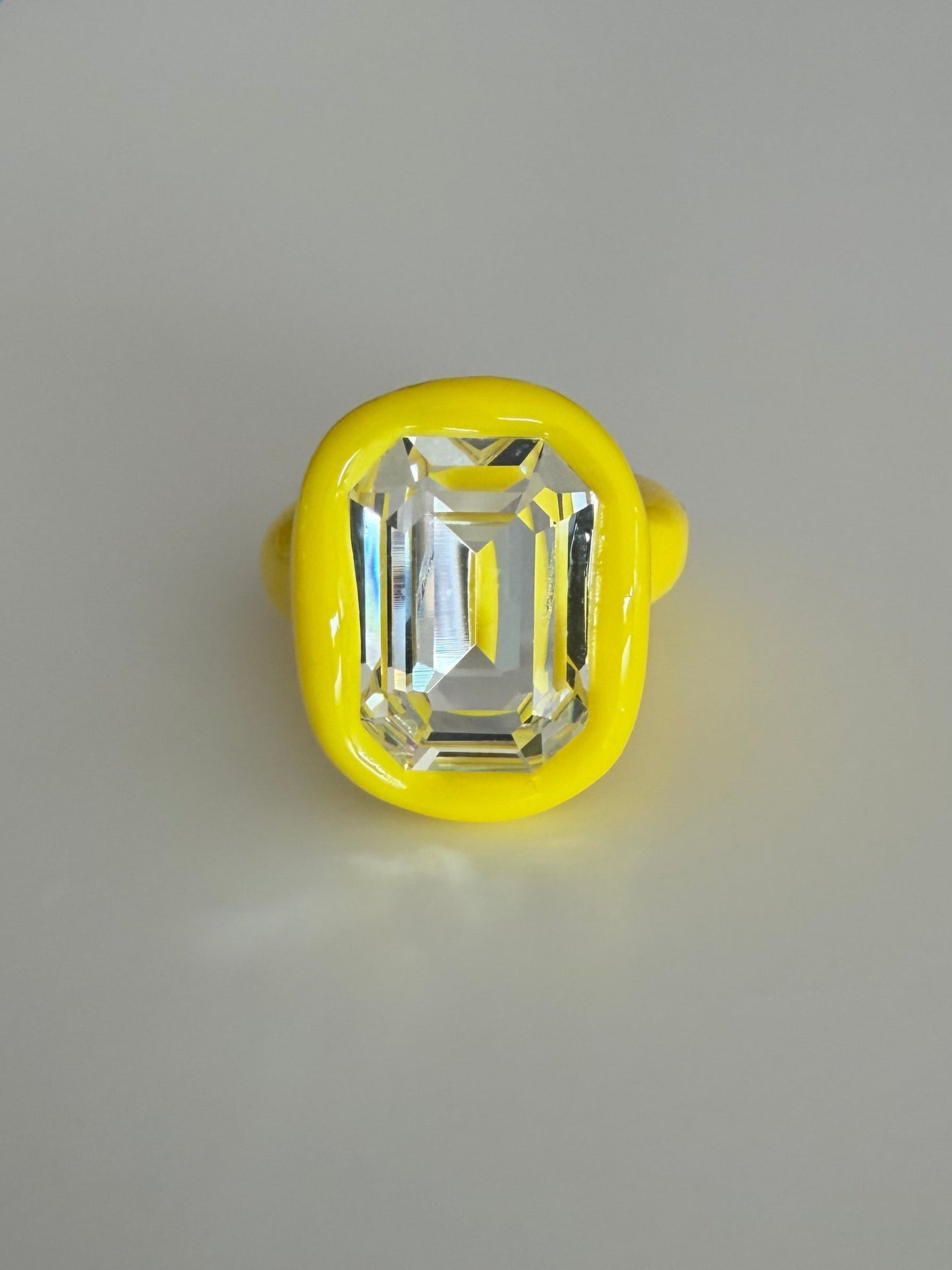 Lemon Yellow polymer ring with big 18mm octagon Swarovski