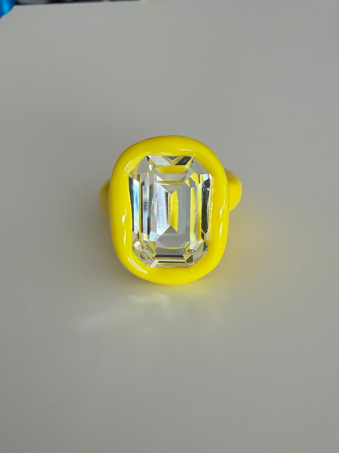 Lemon Yellow polymer ring with big 18mm octagon Swarovski